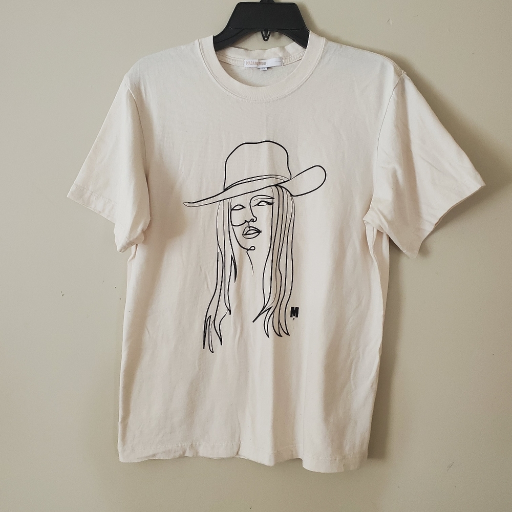 Madame Wolf Graphic Line Drawing Tee Shirt Off White Black Size XS